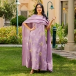 Women's Elegant Regular-Fit Closed Abaya - Embroidered Linen, Festive Wear - Purple &amp; Gold
