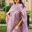 Women's Elegant Regular-Fit Closed Abaya - Embroidered Linen, Festive Wear - Purple &amp; Gold