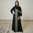 Intricate Geometric Tatreez Embroidered Closed Abaya with Emerald Green &amp; Gold Details - Premium Crepe Fabric with Matching Sheila - Black