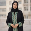 Intricate Geometric Tatreez Embroidered Closed Abaya with Emerald Green &amp; Gold Details - Premium Crepe Fabric with Matching Sheila - Black