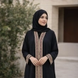 Heritage Geometric Tatreez Embroidered Closed Abaya with Red &amp; Gold Details - Premium Crepe Fabric with Matching Sheila - Black