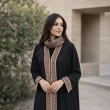 Heritage Geometric Tatreez Embroidered Closed Abaya with Red &amp; Gold Details - Premium Crepe Fabric with Matching Sheila - Black