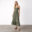 Women's Regular Casual Chic Midi Dress - Summer Spaghetti Straps and Ruffle Hem - Olive Green