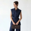 Women's Premium Denim Sleeveless Belted Denim Waistcoat Vest With Fabric Belt &mdash; Daytime Socials, Weekend Outings &amp; Chic Streetwear  - Dark Blue Denim