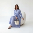 Women's Premium Shirt Long - Sleeve Maxi Dress With Fabric Belt &mdash; Daytime Socials, Luxury Resort Lounging &amp; Summer Escapes - Oakland Blue Striped