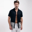 Men&rsquo;s Short Sleeve Embroidered Shirt - Button-Up Casual Resort Style Shirt with Textured Contrast Detail - Black