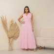 Women&rsquo;s Luxury Dress - Elegant Short Sleeve Long Flowy Dress with Fabric Belt for Special Occasions and Evening Wear - Pink