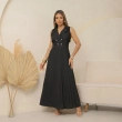 Women&rsquo;s Luxury Dress - Elegant Short Sleeve Long Flowy Dress with Fabric Belt for Special Occasions and Evening Wear - Black