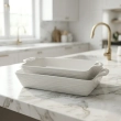 New Bone China Sirla Rectangular Baking Plate Set Rippled White 2-Sizes