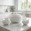 Ceramic Sirla Soup Tureen and Bowl Set Fluted Relief Pattern White 15-Piece