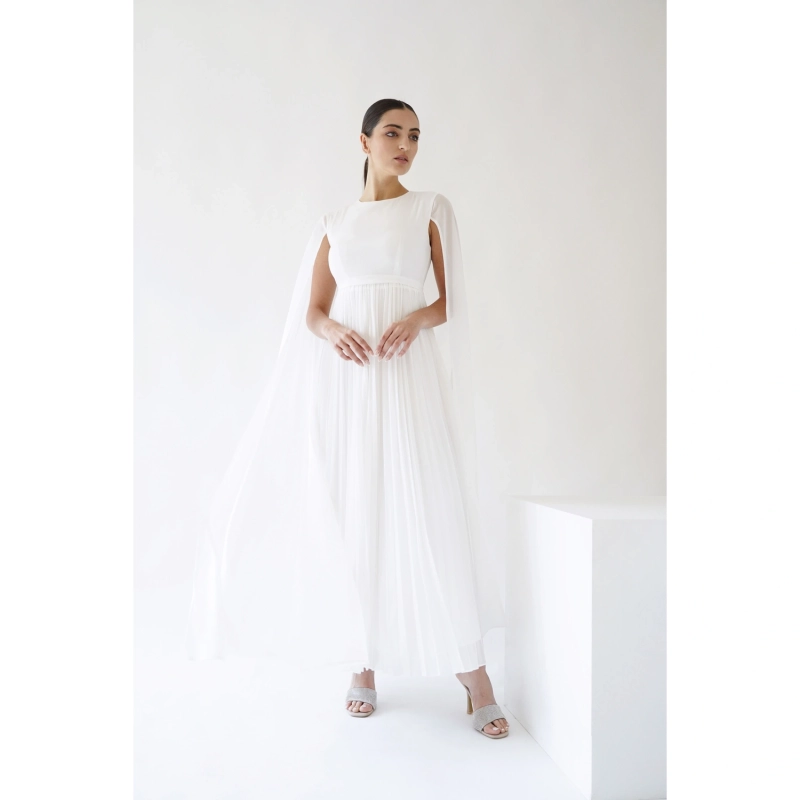 Pleated Cape Dress - White