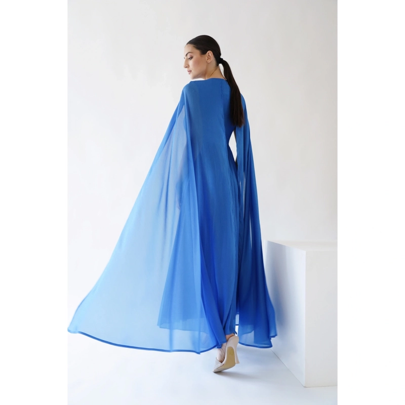 Pleated Cape Dress - Blue
