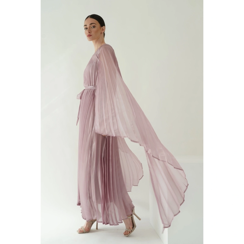Pleated Dress with Cape Sleeves - Purple