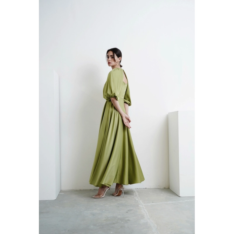 Dress with Puff Sleeves - Green