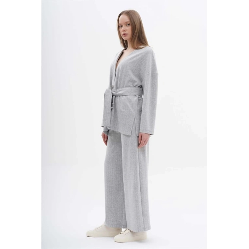 Neckless Striped Long Sleeve Blazer with Palazzo Pants