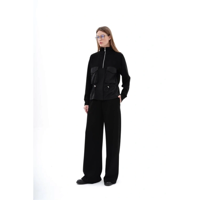 Long Sleeve Zipper Sweater with Patch Pockets and Drawstring