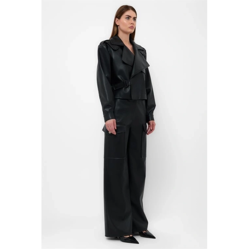 DOUBLE WAIST FAUX LEATHER JACKET