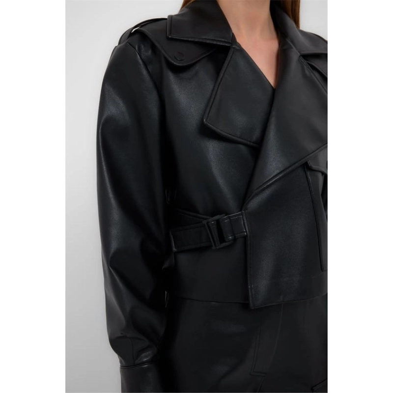 DOUBLE WAIST FAUX LEATHER JACKET