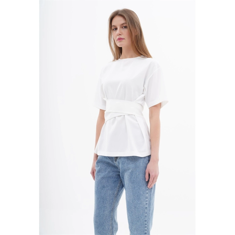 Short Sleeve Blouse with Waist Belt