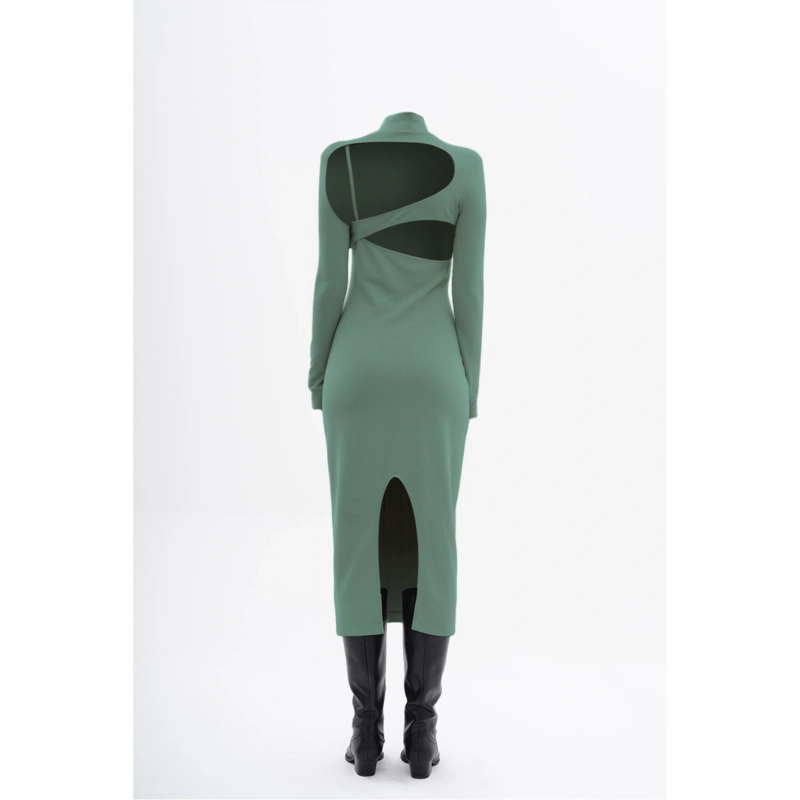 Long Sleeve Long Dress with Cut Out Back Detail and Slit
