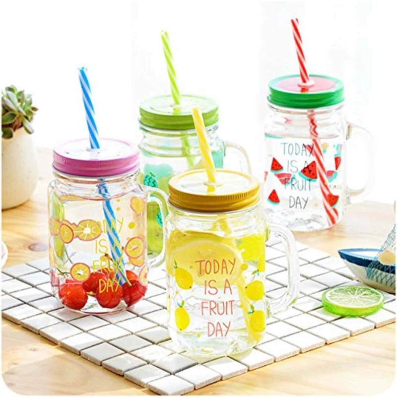 Fruit Design Jar With Handle And Straw