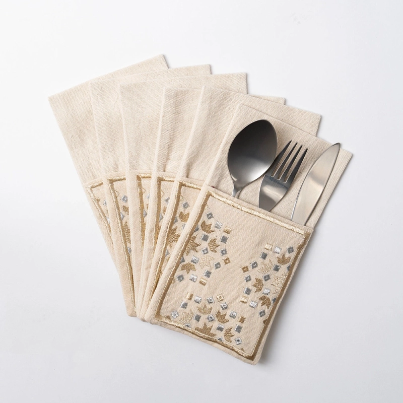 Set of Cutlery Pouches for holding a Fork, Spoon, and Knife featuring Gold and Silver Embroidery Perfect for table arrangement at special occasions - 6 pcs