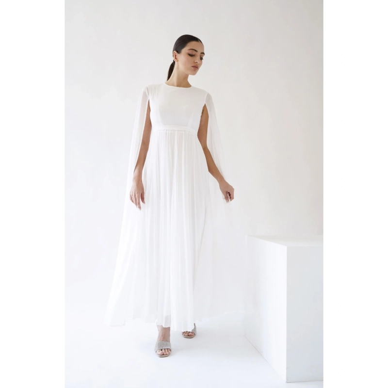 Pleated Cape Dress - White
