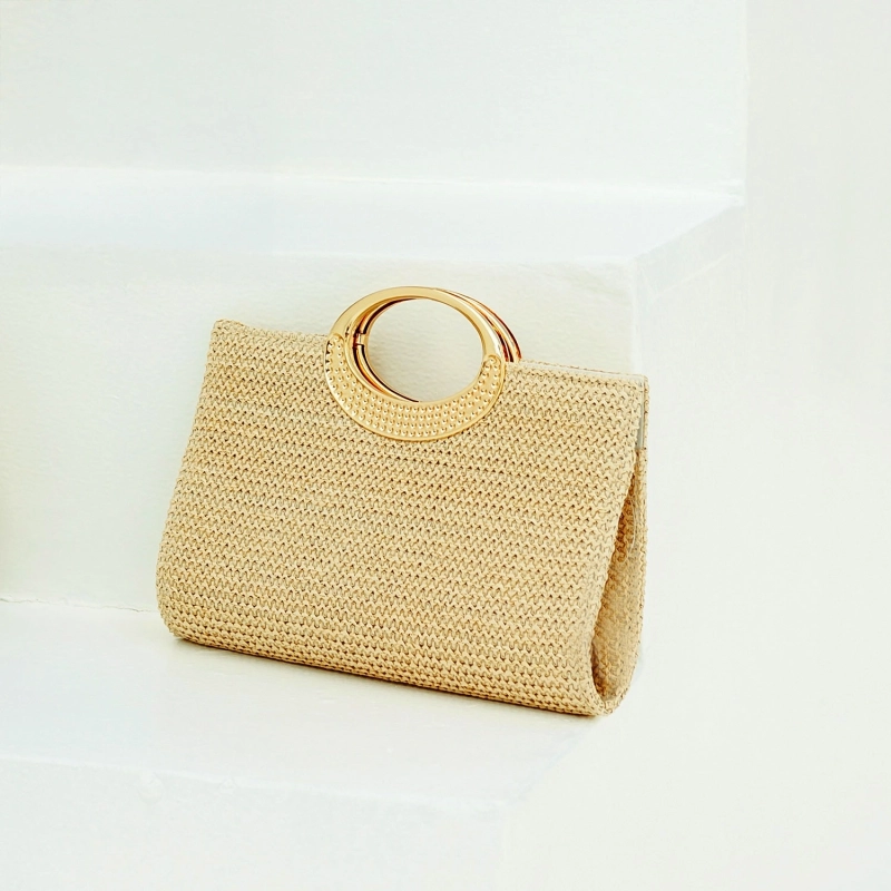 Nice Ring Handle Straw Clutch - Dune Beige