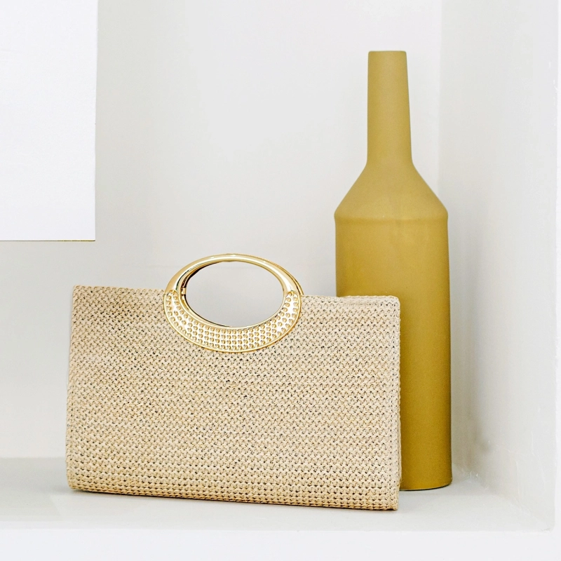 Nice Ring Handle Straw Clutch - Dune Beige