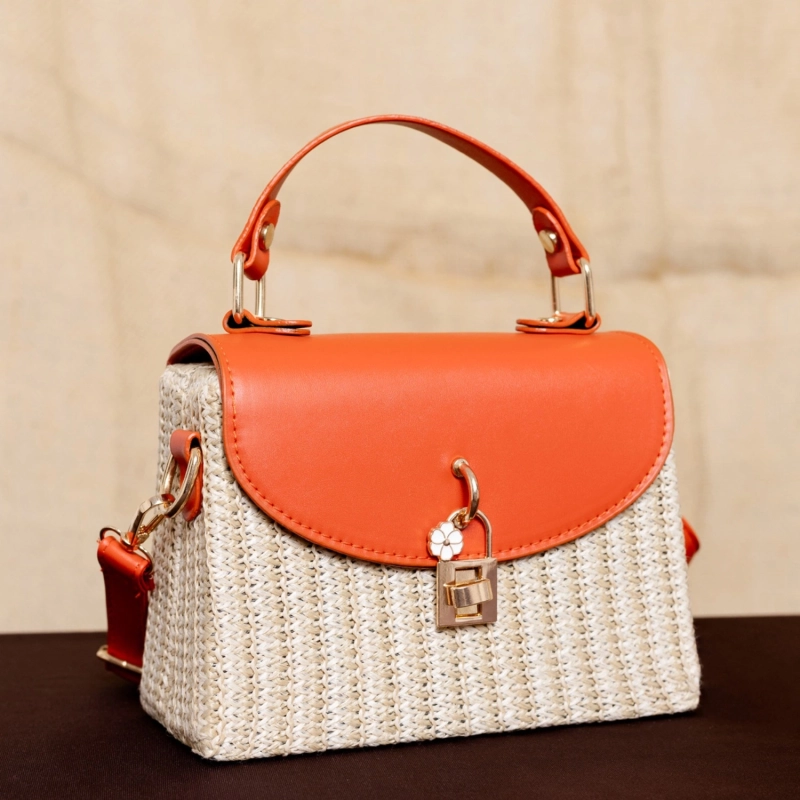 Mykonos Bloom Straw Top Handle Bag - Sunset Orange