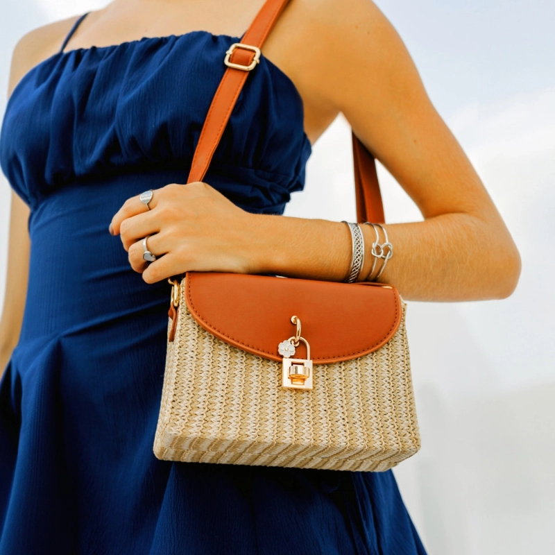 Mykonos Bloom Straw Top Handle Bag - Sunset Orange
