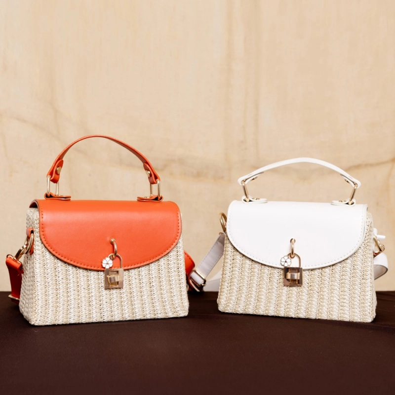 Mykonos Bloom Straw Top Handle Bag - Sunset Orange