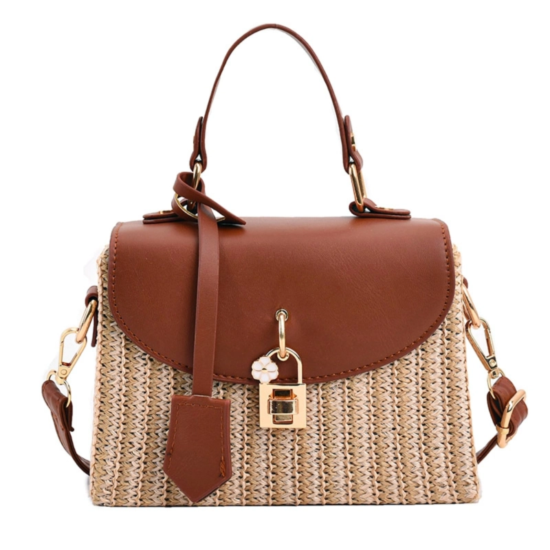Mykonos Bloom Straw Top Handle Bag -Toffee Brown