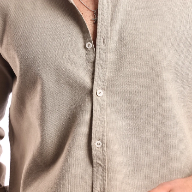 Men's Long Sleeve Shirt - Casual Slim Fit - Light Beige