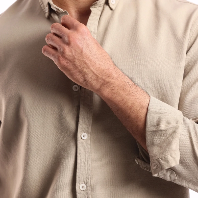 Men's Long Sleeve Shirt - Casual Slim Fit - Light Beige