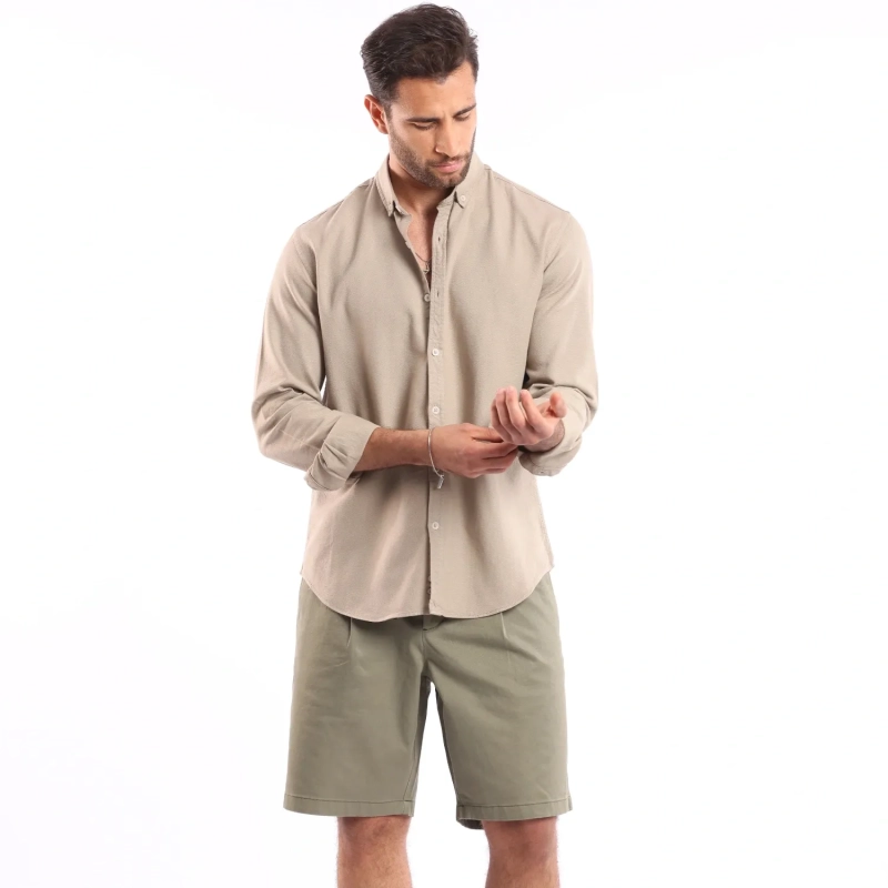 Men's Long Sleeve Shirt - Casual Slim Fit - Light Beige