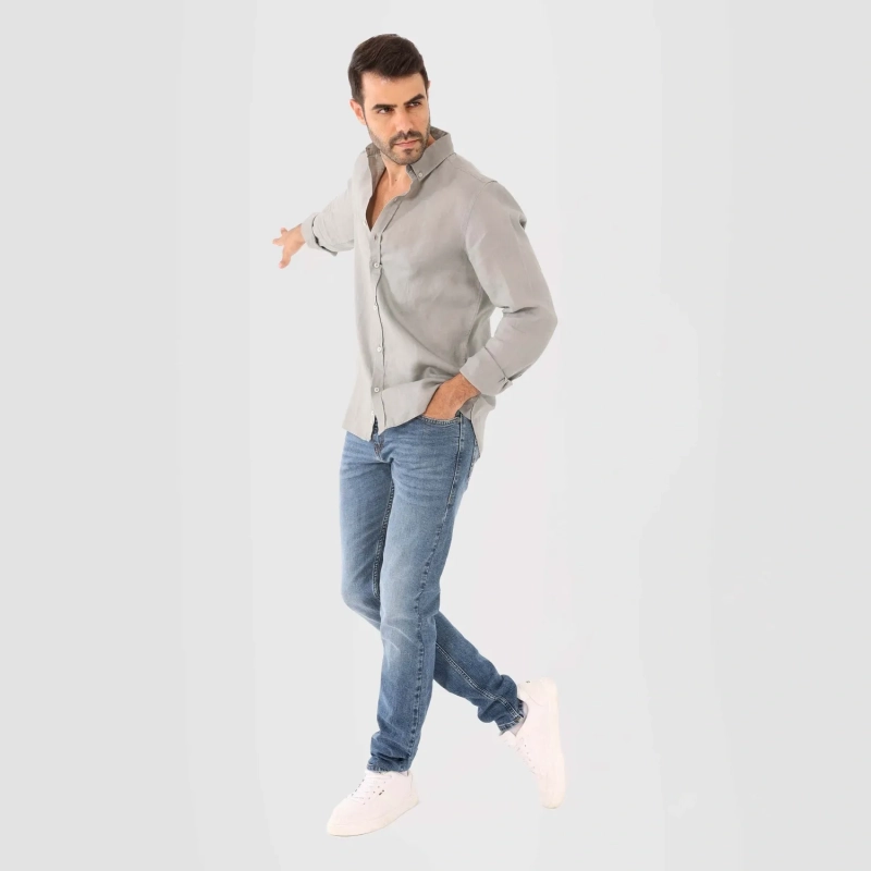 Men's Long Sleeve Shirt - Linen Modern Fit - Beige