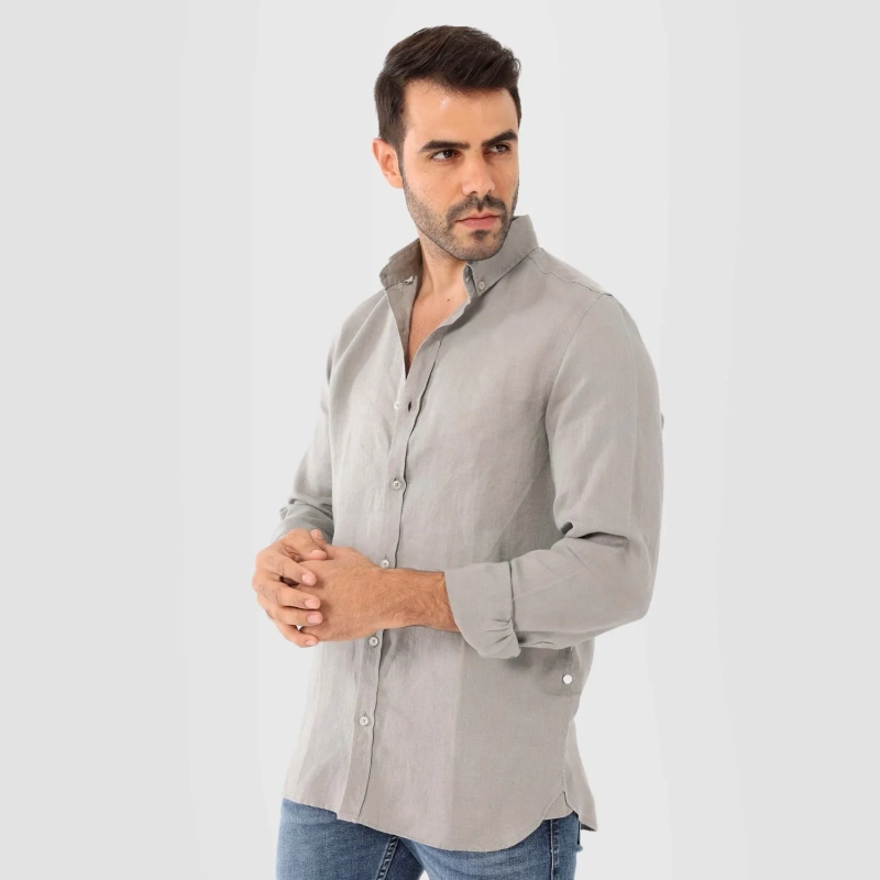 Men's Long Sleeve Shirt - Linen Modern Fit - Beige