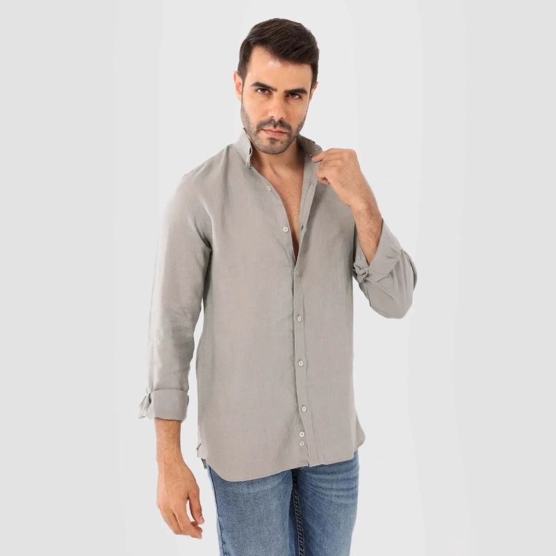 Men's Long Sleeve Shirt - Linen Modern Fit - Beige