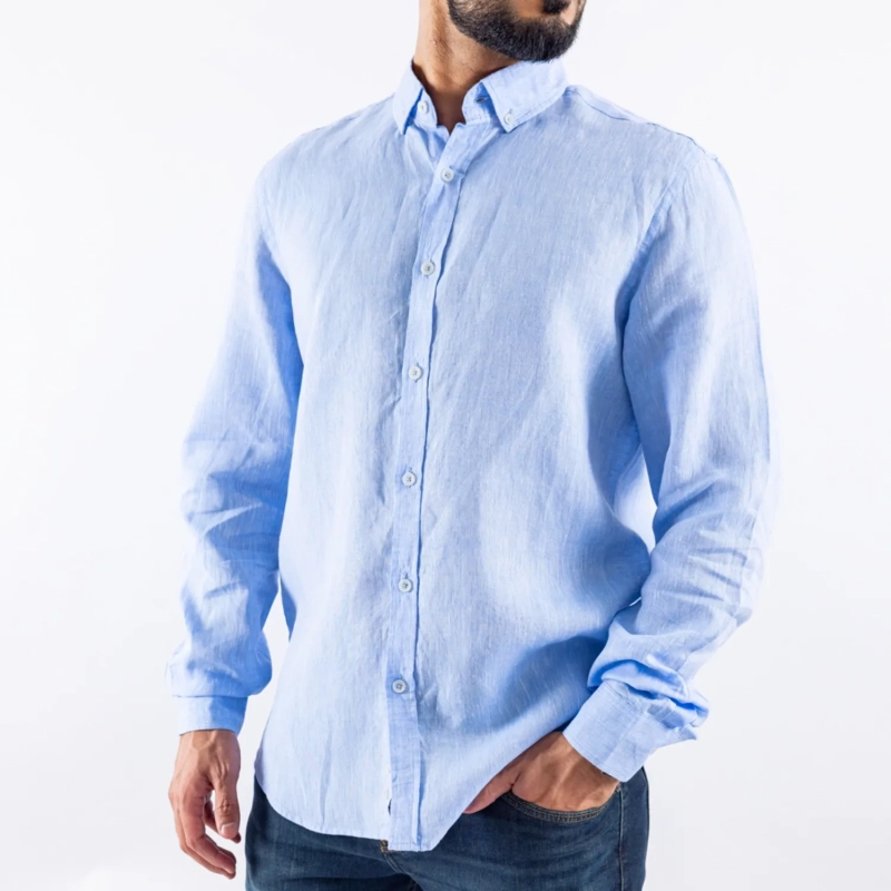 Men's Long Sleeve Shirt - Linen Modern Fit - Light Blue