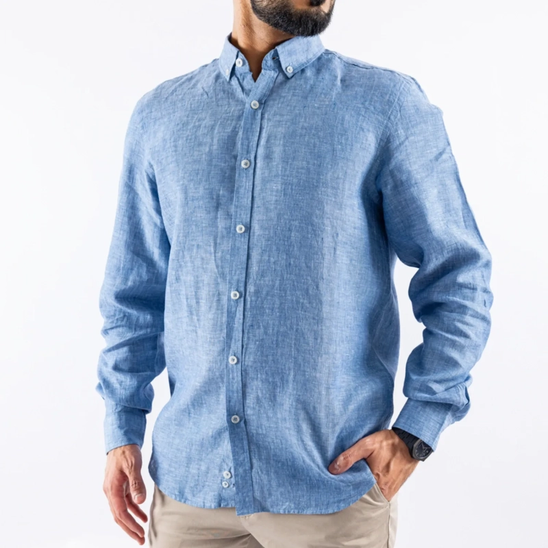 Men's Long Sleeve Shirt - Linen Modern Fit - Light Navy