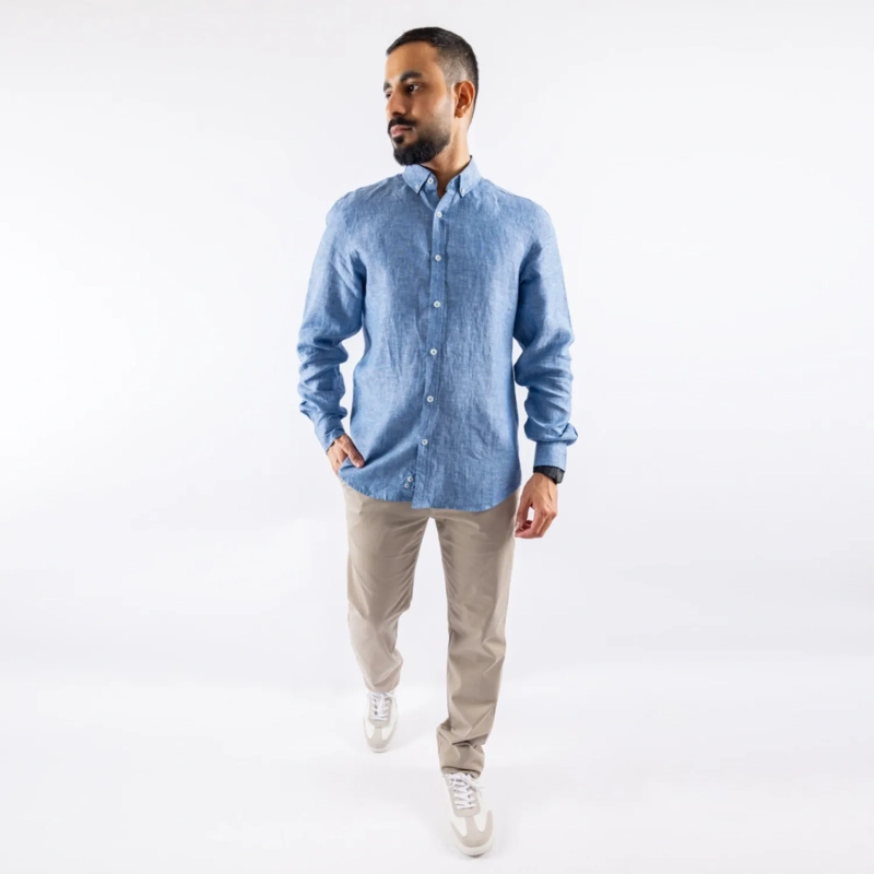 Men's Long Sleeve Shirt - Linen Modern Fit - Light Navy