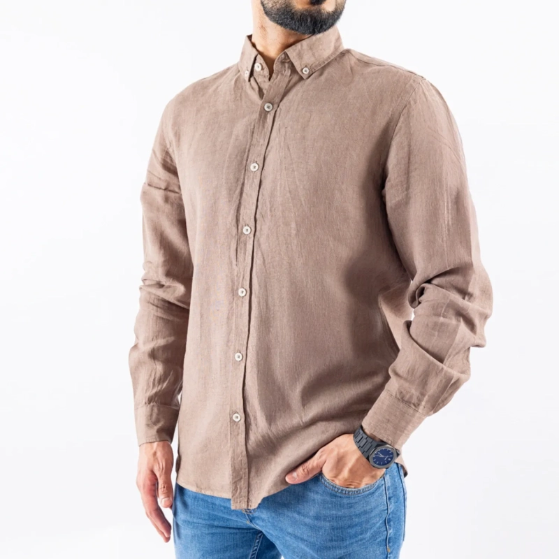 Men's Long Sleeve Shirt - Linen Modern Fit - Brown