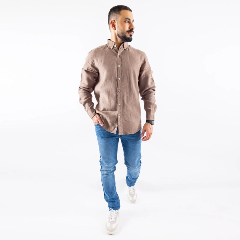 Men's Long Sleeve Shirt - Linen Modern Fit - Brown