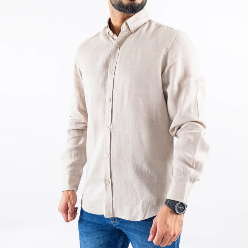 Men's Long Sleeve Shirt - Linen Modern Fit - Light Beige
