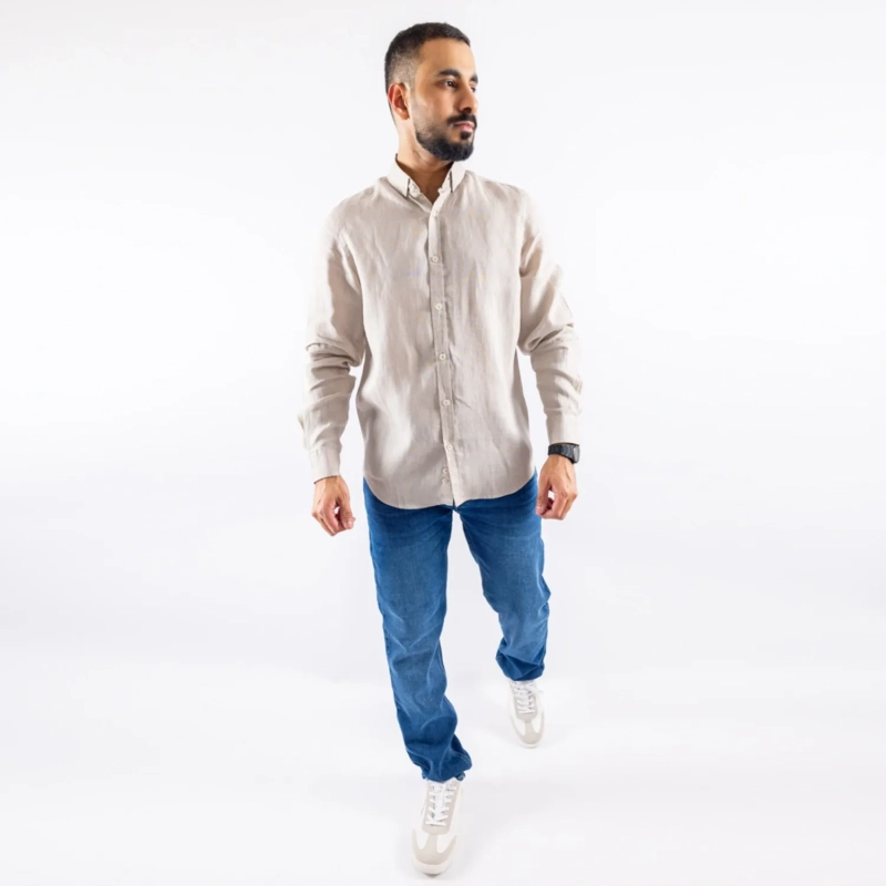 Men's Long Sleeve Shirt - Linen Modern Fit - Light Beige