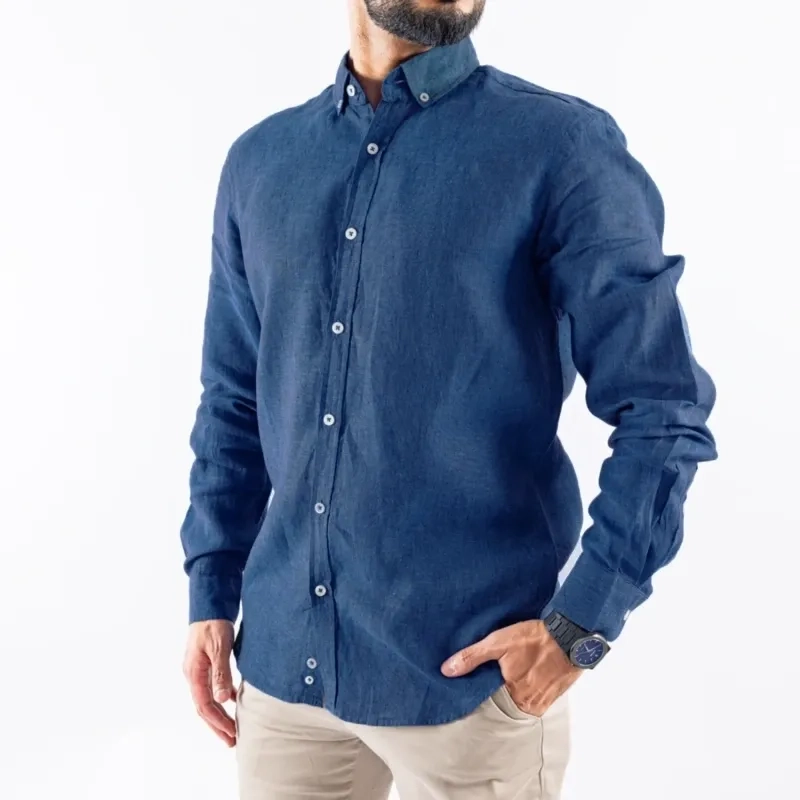 Men's Long Sleeve Shirt - Linen Modern Fit - Blue Black