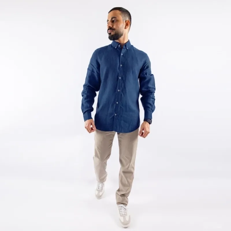 Men's Long Sleeve Shirt - Linen Modern Fit - Blue Black