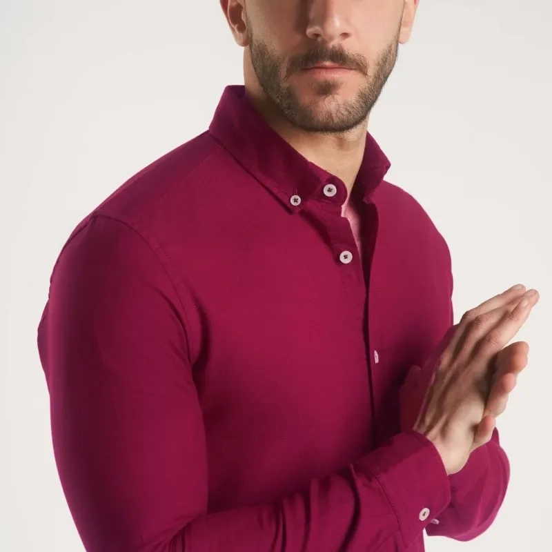 Men's Long Sleeve Shirt - Linen Modern Fit - Red