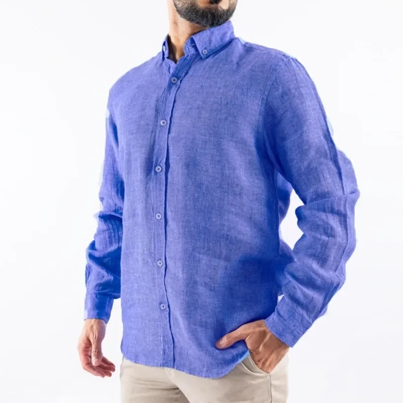 Men's Long Sleeve Shirt - Linen Modern Fit - Denim Blue